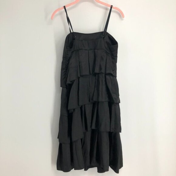 Black satin finish tiered spaghetti strap mini dress - Picture 2 of 14